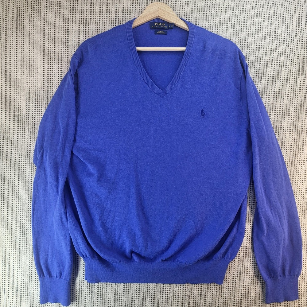 Polo Ralph Lauren‎ Sweater Mens Large Blue Pima Cotton V Neck Slim Fit Pullover